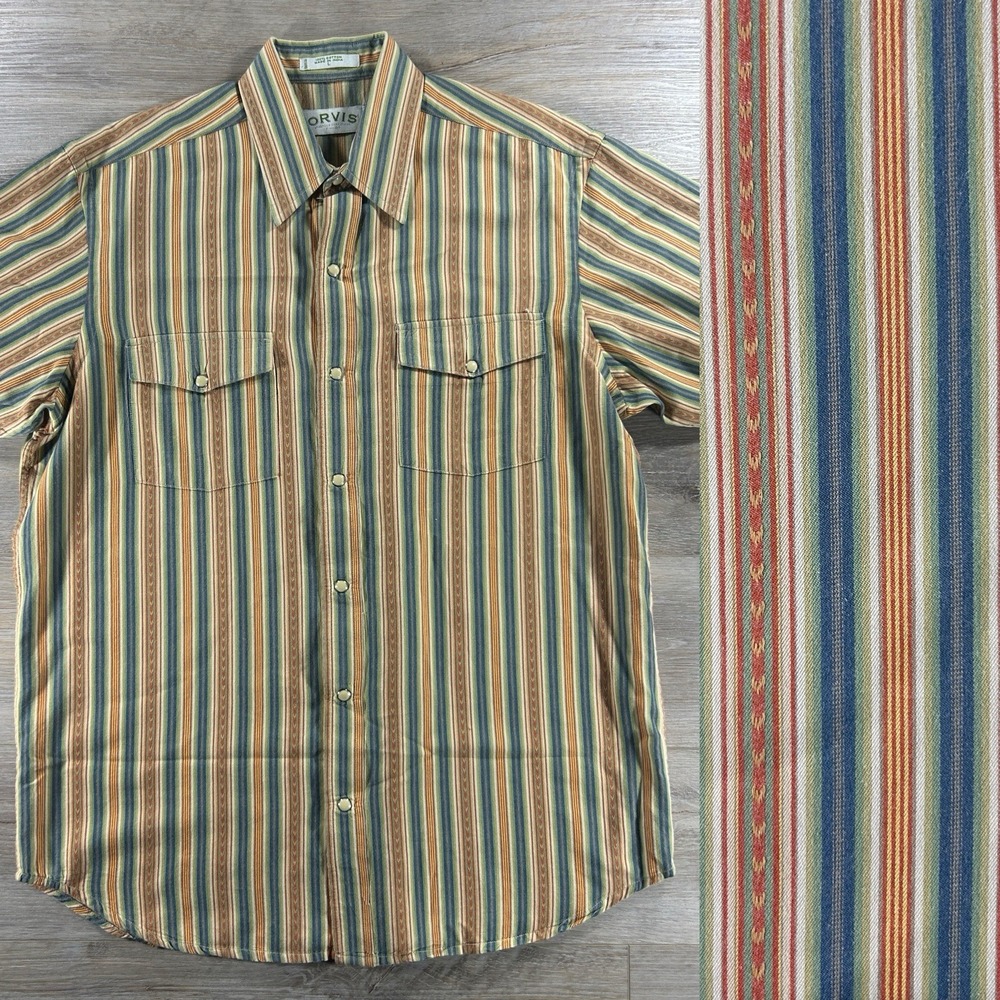 VTG Orvis Large Short Sleeve Western Orange And Blue Pearl Snap Button Up